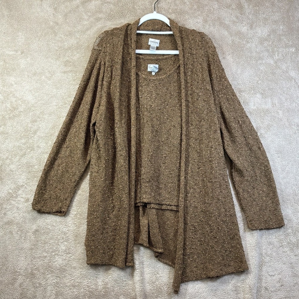 Chico's XL (3) Cotton Blend 2 Piece‎ Sweater Set Brown Nubby Weave Boho